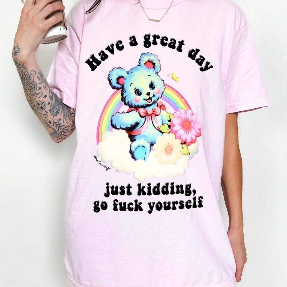 Untamed Ego Retro Art Sarcastic Bear Pink Oversized Womens Graphic Tee (0788)